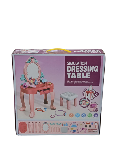 صورة طاولة تزيين الأميرة المحاكية  هي لعبة لعب أدوار مصممة تتكون من 31 قطعة مع الكرسي  للأطفال بعمر 3 سنوات فما فوق